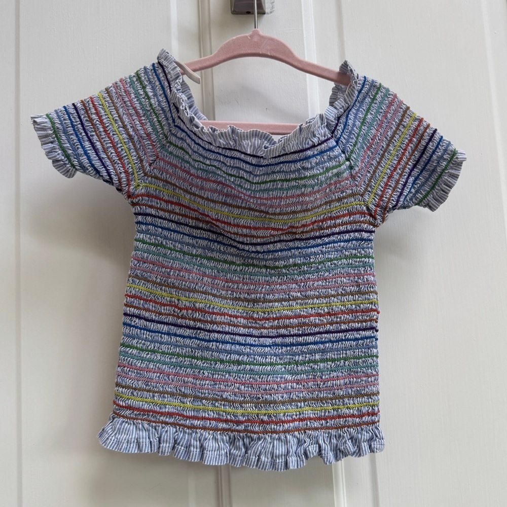 NWOT Japna XS 3T Girls Blue Rainbow Stripe Off Shoulder Short Sleeve Blouse